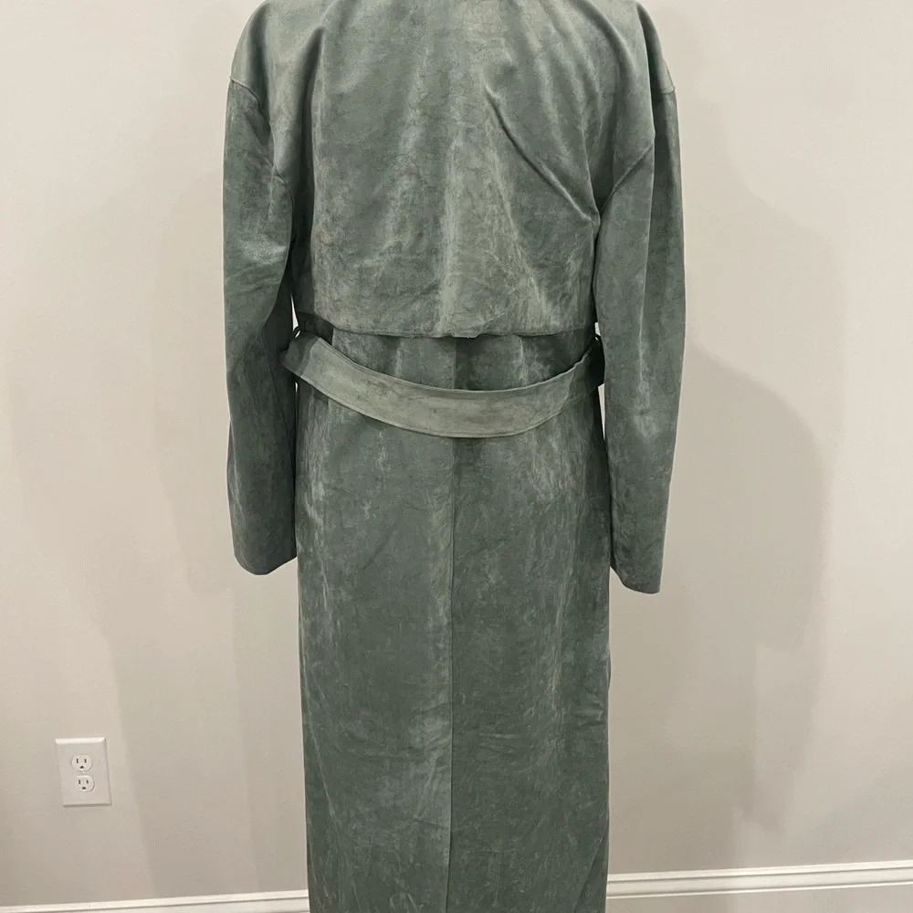 Anthropologie Blank NYC Green Faux Suede Plush Belted Trench Coat Jacket Sz XS - Picture 8 of 14